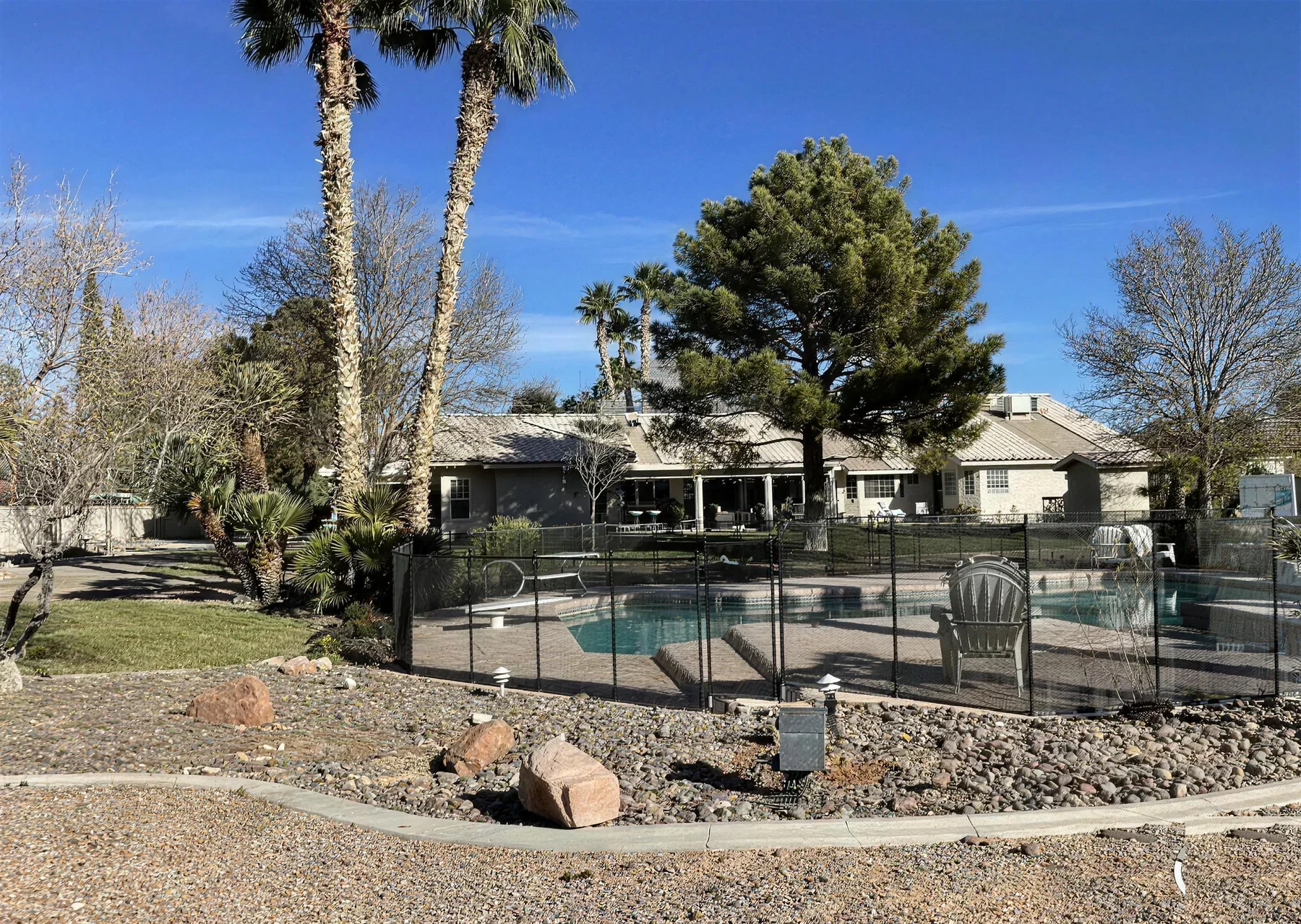 Backyard pool with desert rock landscaping and mature trees