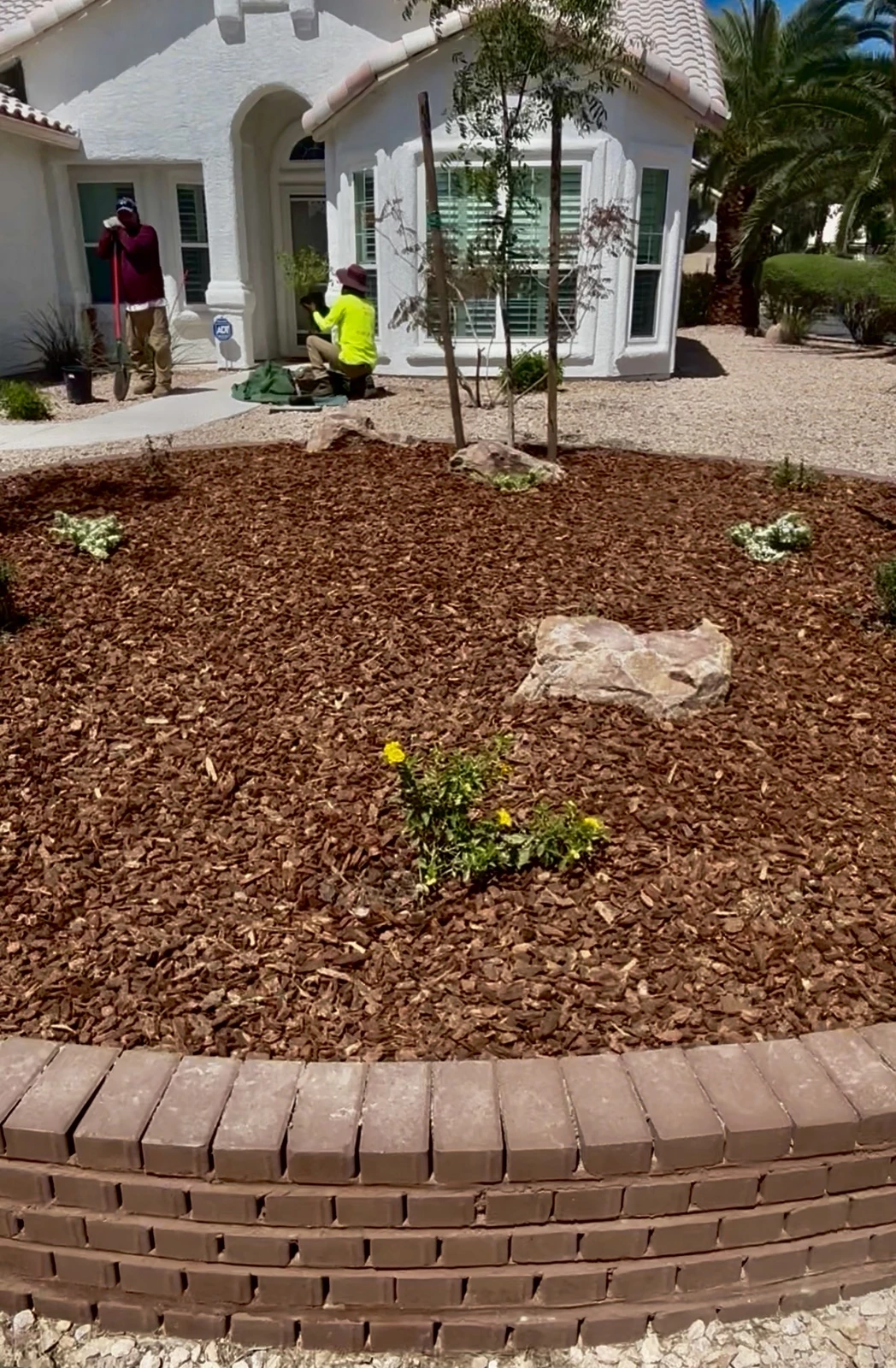 Freshly planted shrub bed with mulch and a brick border at a home's entry