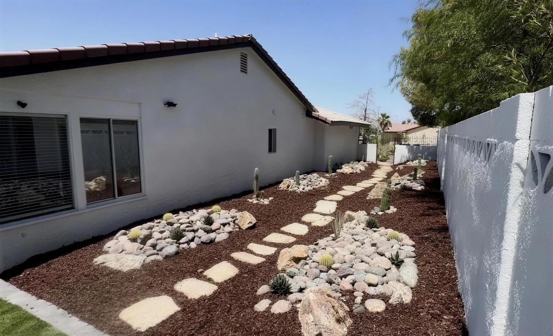 The same side yard after xeriscape installation, with river rock beds, cacti, and mulch along the stepping-stone path